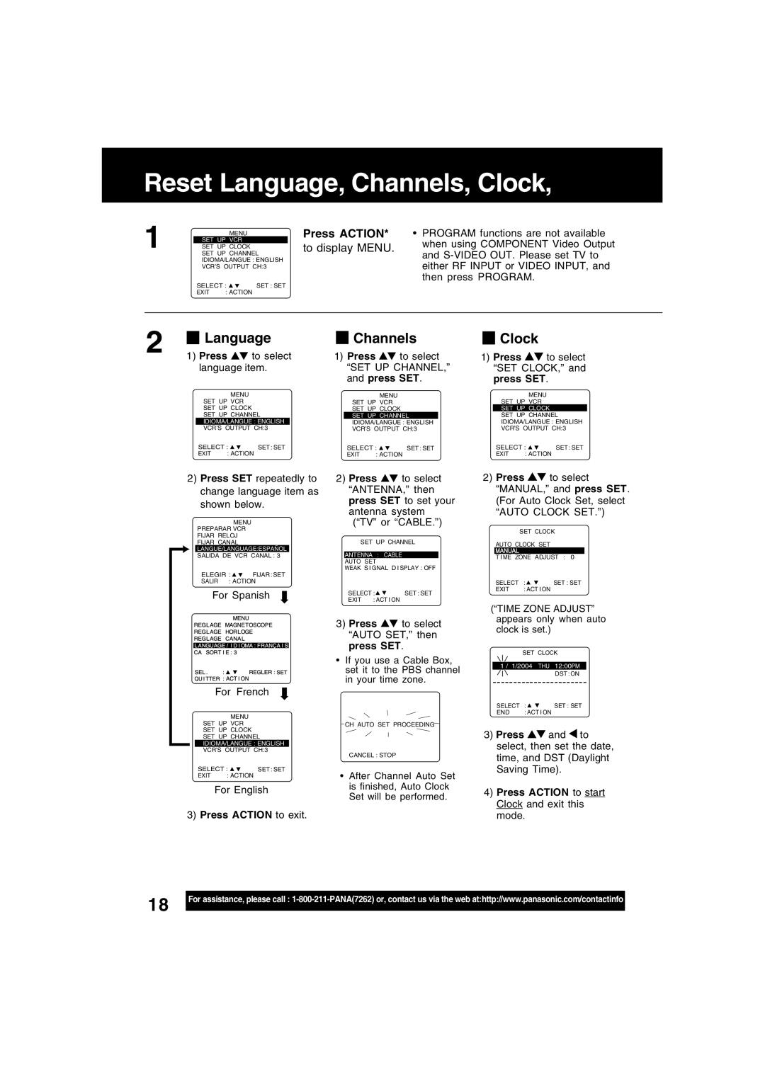 Panasonic PV-D4734S manual Reset Language, Channels, Clock, To display Menu, Press Action to exit 