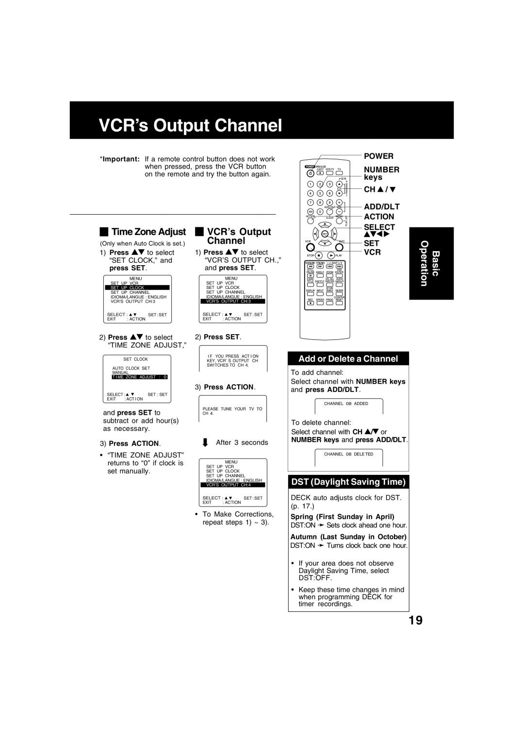 Panasonic PV-D4734S manual VCR’s Output Channel, Add or Delete a Channel, DST Daylight Saving Time 