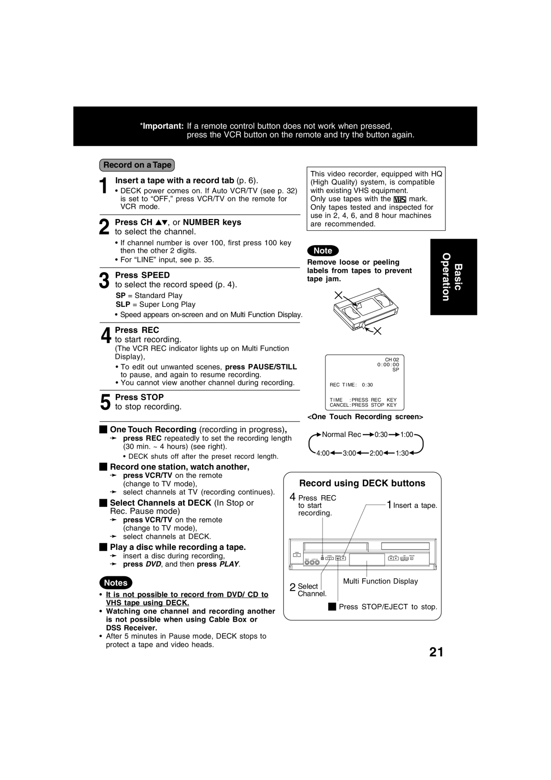 Panasonic PV-D4734S manual Record using Deck buttons 