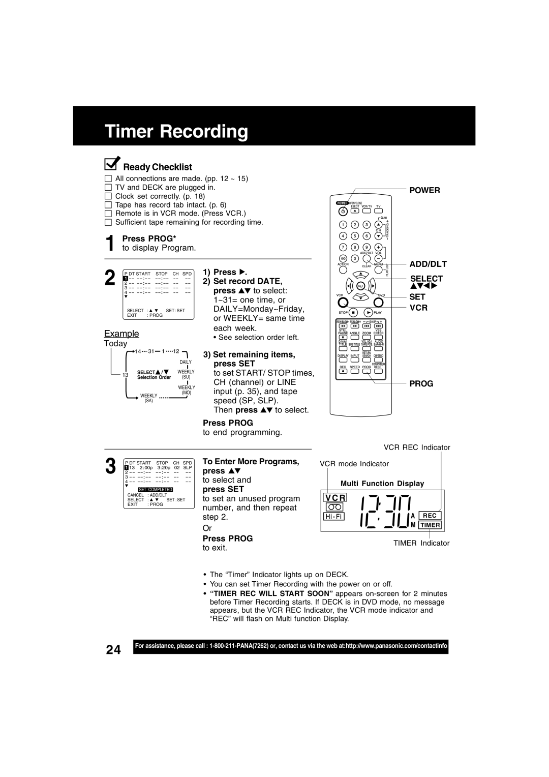 Panasonic PV-D4734S manual Timer Recording, Power ADD/DLT, Vcr, Prog 