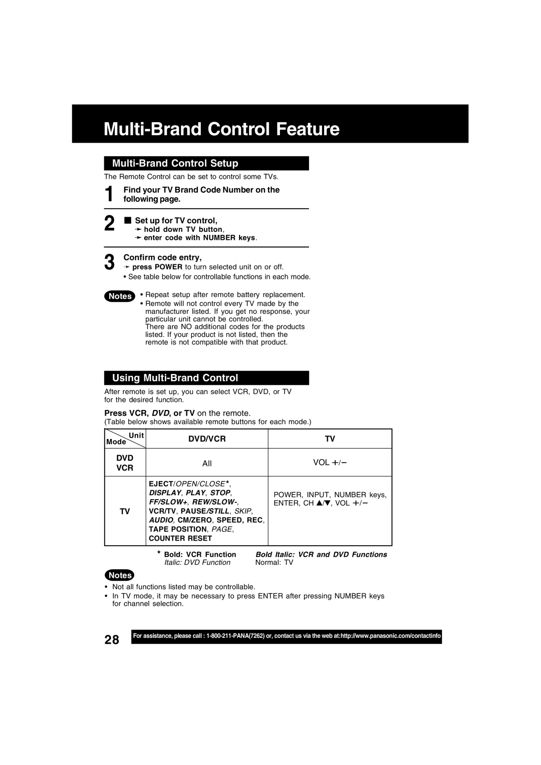 Panasonic PV-D4734S manual Multi-Brand Control Feature, Multi-Brand Control Setup, Using Multi-Brand Control, Dvd/Vcr 