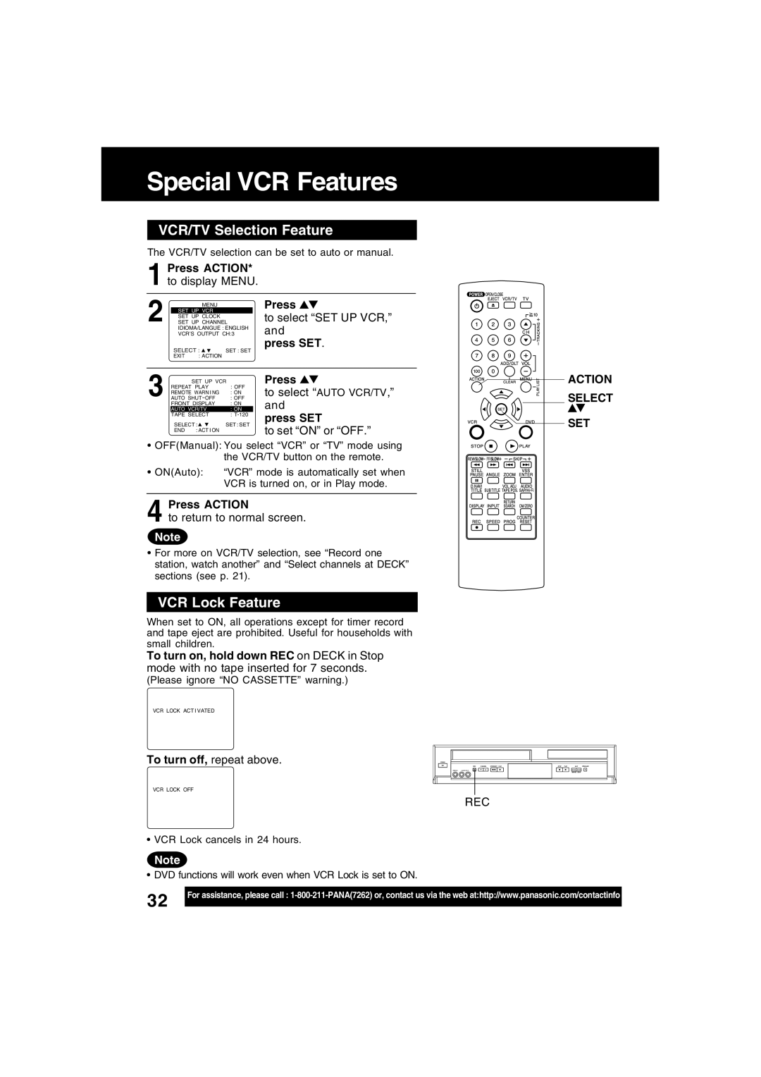 Panasonic PV-D4734S Special VCR Features, VCR/TV Selection Feature, VCR Lock Feature, To turn off, repeat above, Action 