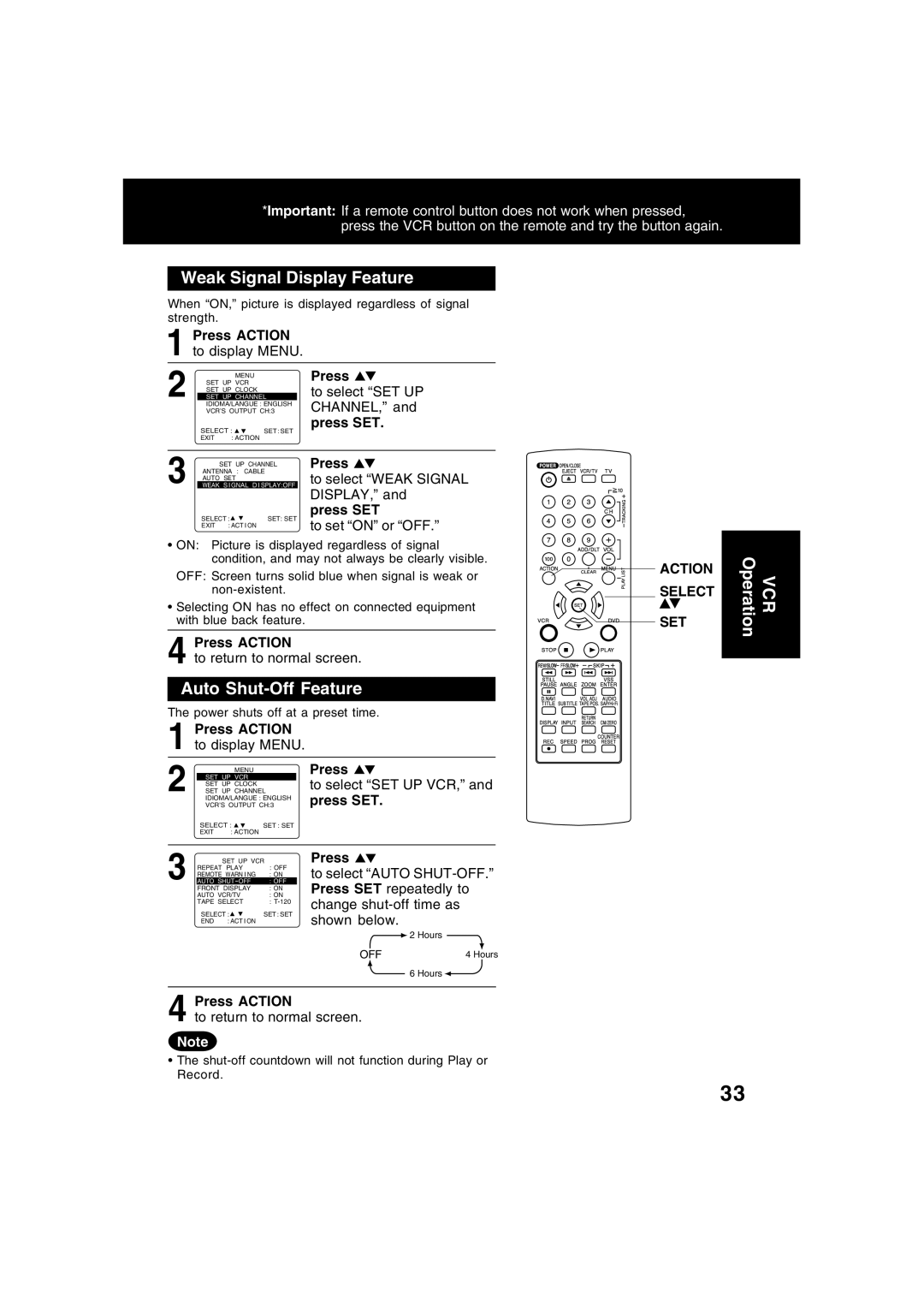 Panasonic PV-D4734S manual Weak Signal Display Feature, Auto Shut-Off Feature 