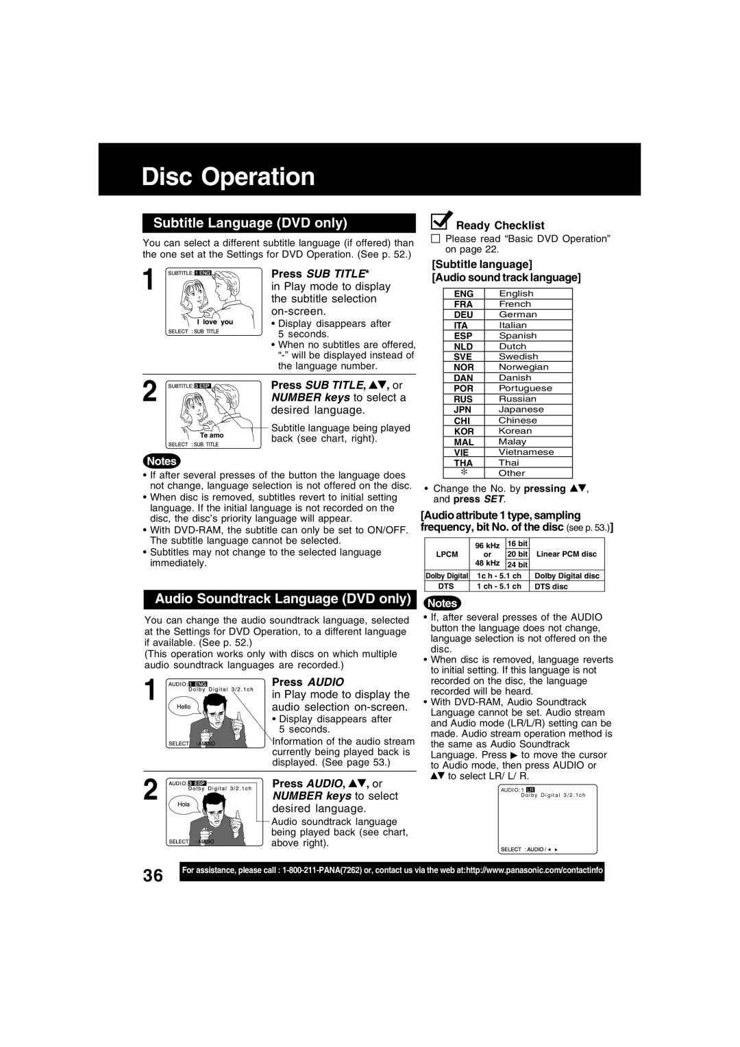 Panasonic PV-D4734S manual Disc Operation, Subtitle Language DVD only, Audio Soundtrack Language DVD only 