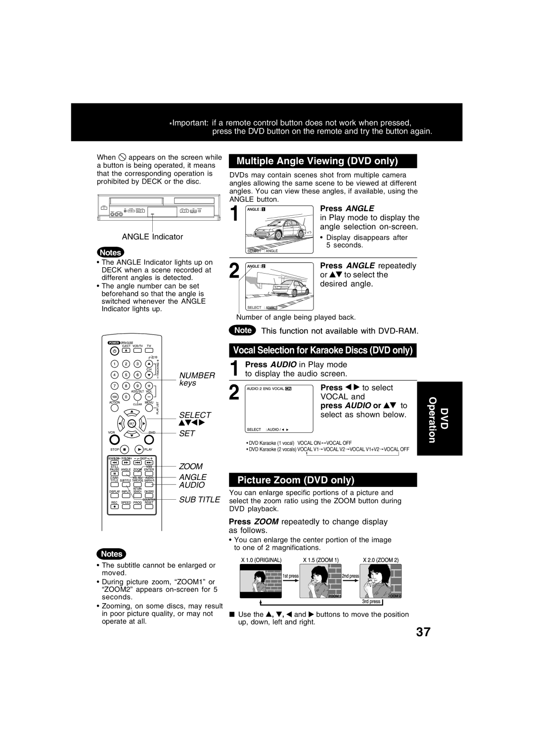 Panasonic PV-D4734S manual Picture Zoom DVD only, Press Angle repeatedly, Desired angle 