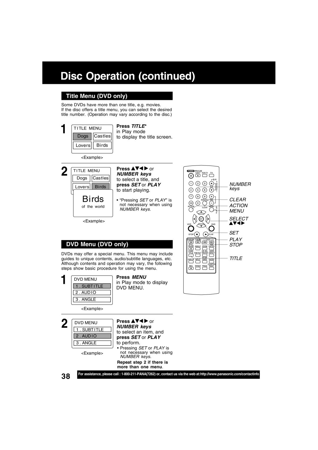 Panasonic PV-D4734S manual Title Menu DVD only, DVD Menu DVD only, Press SET or Play 