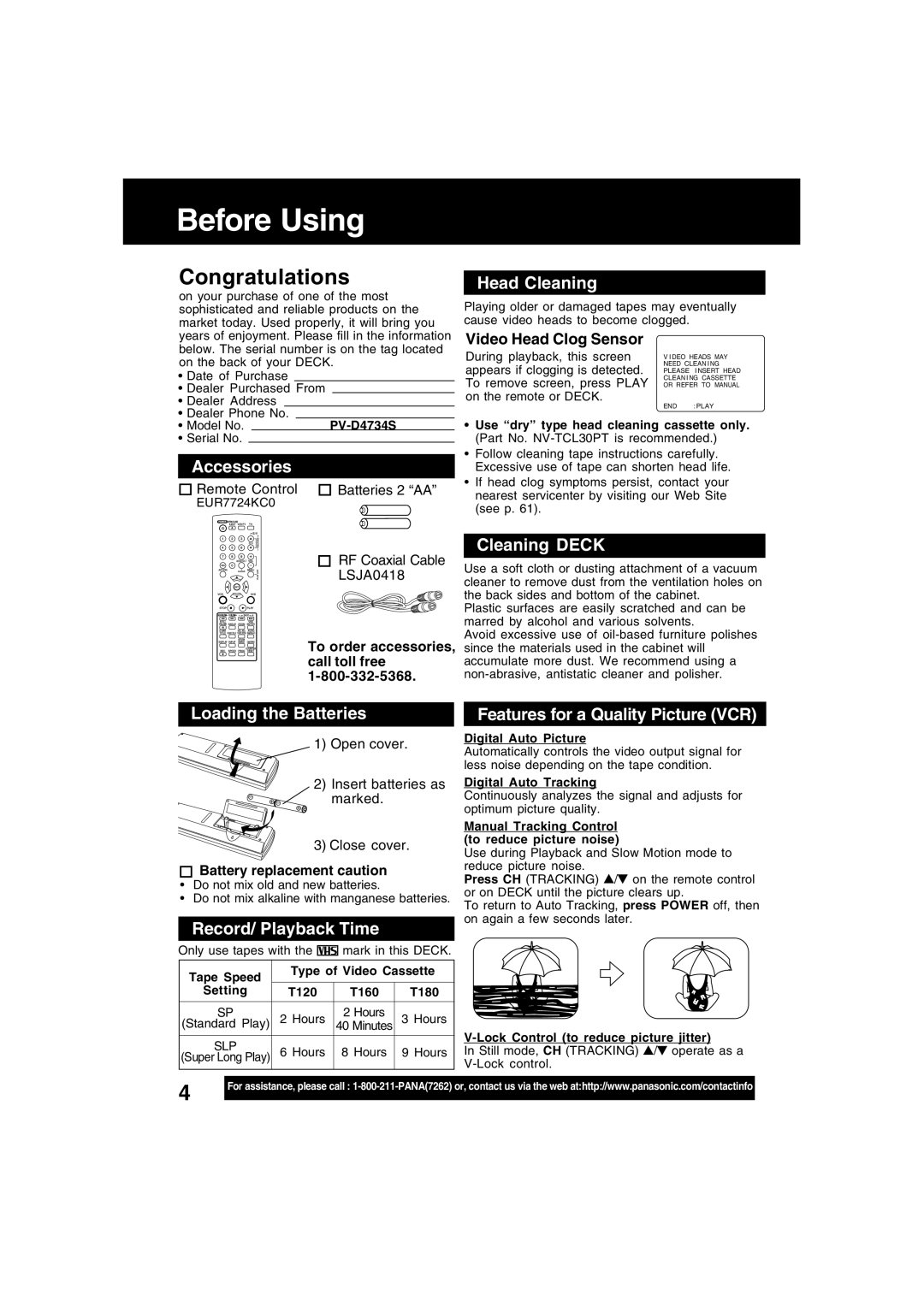 Panasonic PV-D4734S manual Before Using 