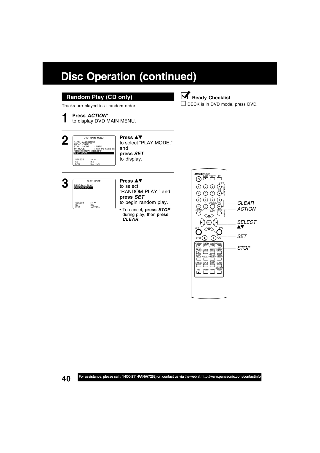 Panasonic PV-D4734S manual Random Play CD only, To select Play Mode, To select Random PLAY, To begin random play 