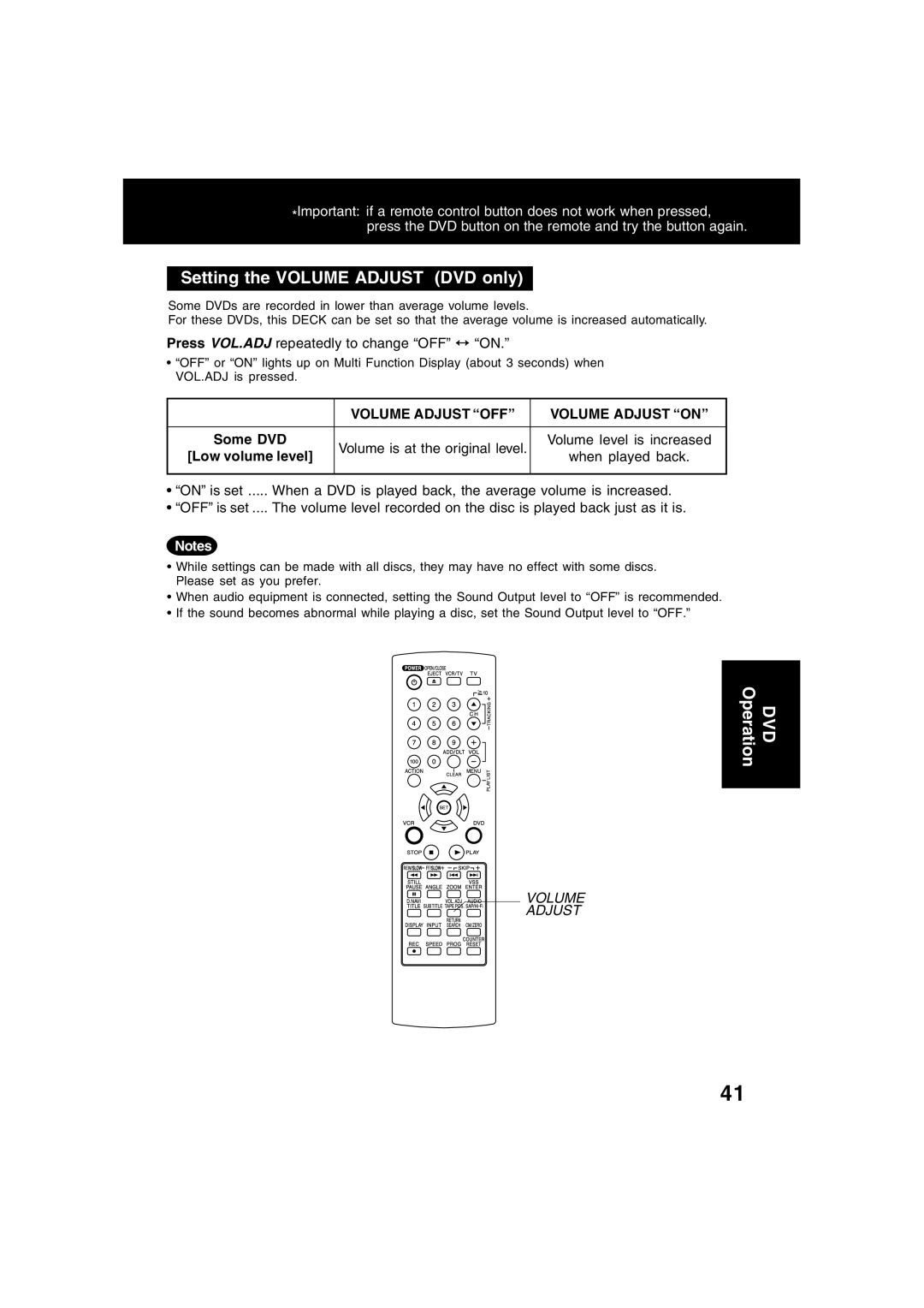 Panasonic PV-D4734S manual Setting the Volume Adjust DVD only, Volume Adjust OFF Volume Adjust on, Some DVD 