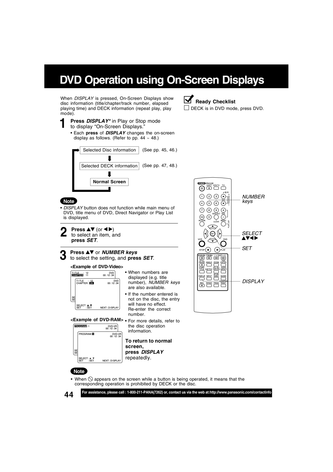 Panasonic PV-D4734S manual DVD Operation using On-Screen Displays, Press To select an item, Press SET, Or Number keys 