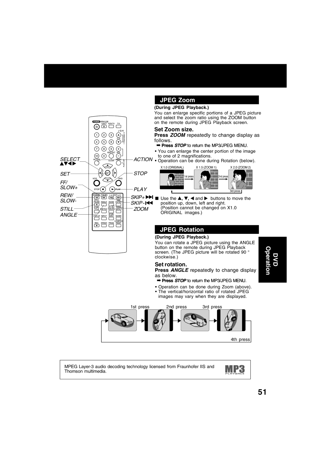 Panasonic PV-D4734S manual Jpeg Zoom, Jpeg Rotation, Set Zoom size, Set rotation 