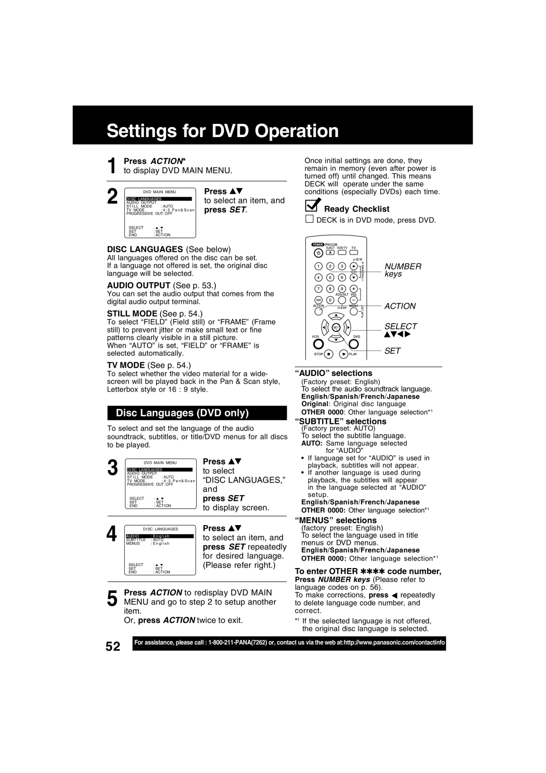 Panasonic PV-D4734S manual Settings for DVD Operation, Disc Languages DVD only 