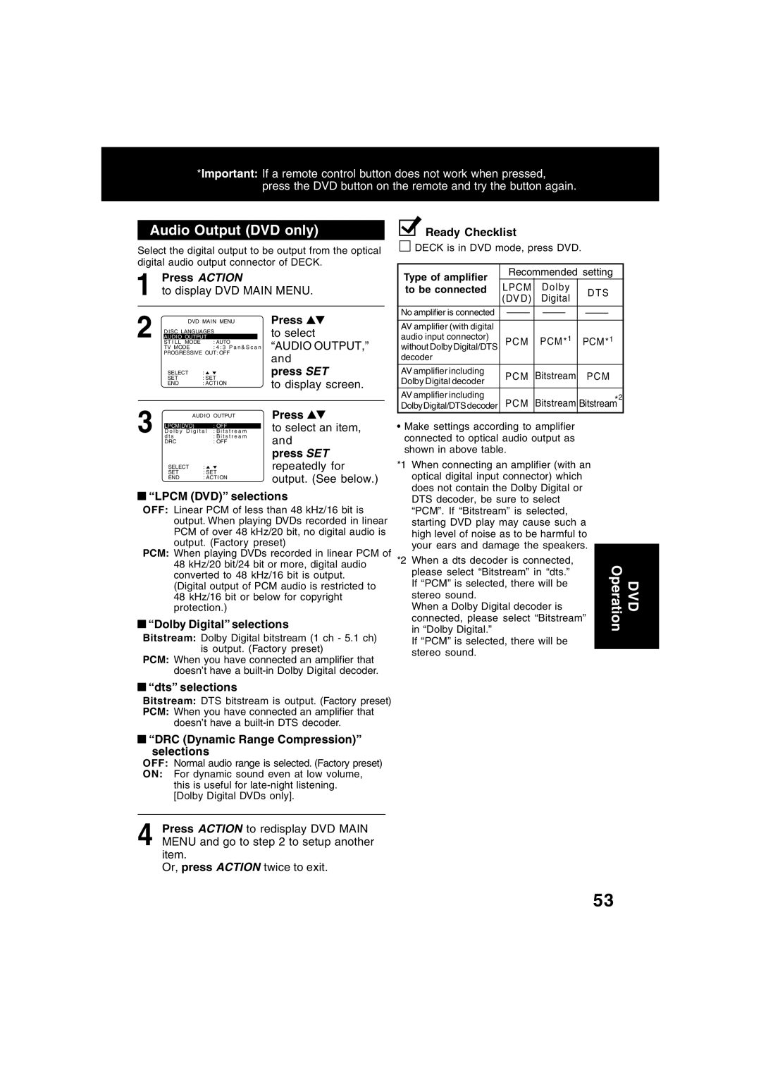 Panasonic PV-D4734S manual Audio Output DVD only, DVD Operation 