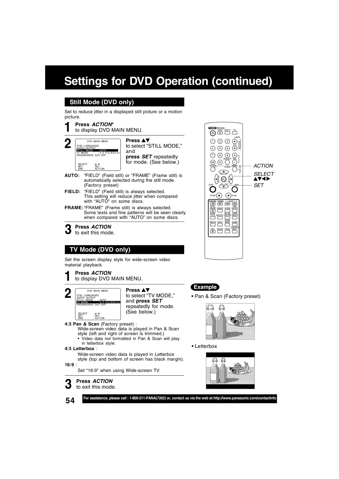 Panasonic PV-D4734S manual Still Mode DVD only, TV Mode DVD only, Example 