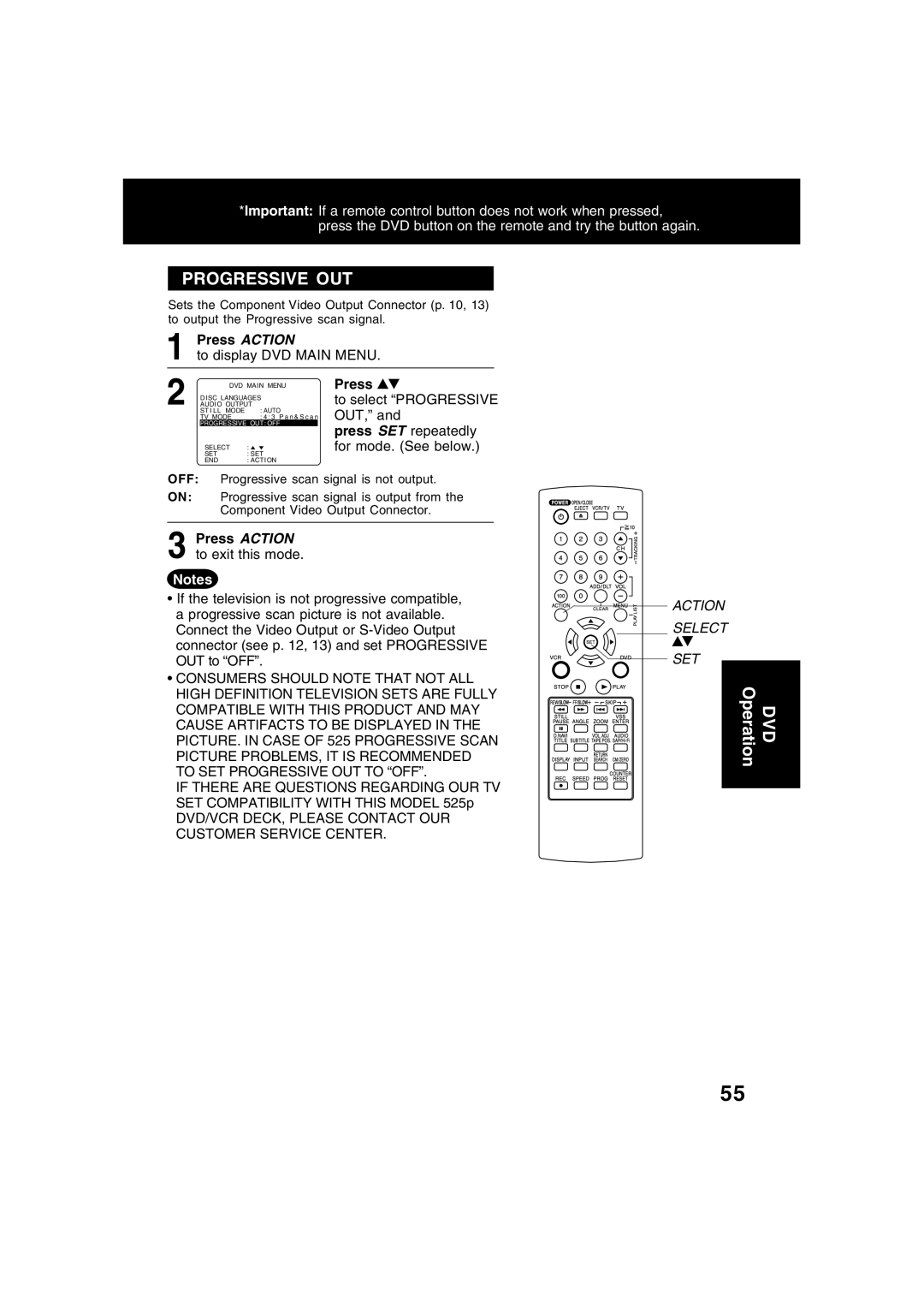 Panasonic PV-D4734S manual To select Progressive, Out 