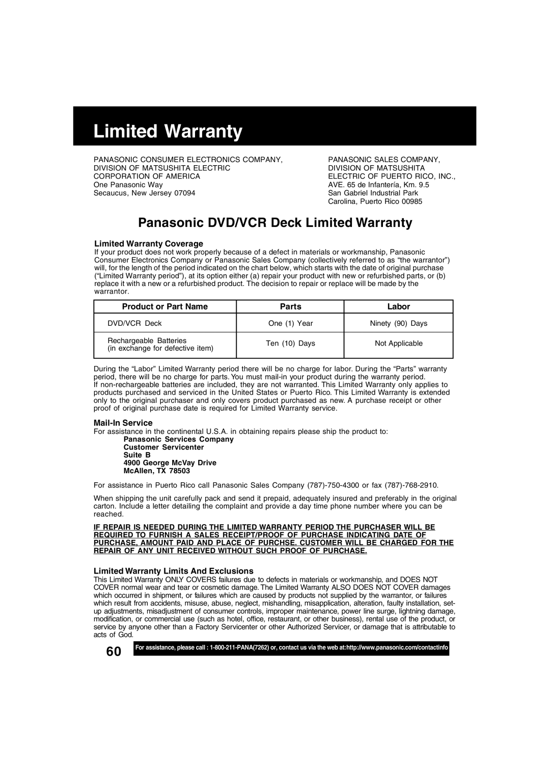 Panasonic PV-D4734S manual Limited Warranty Coverage, Product or Part Name Parts Labor, Mail-In Service 