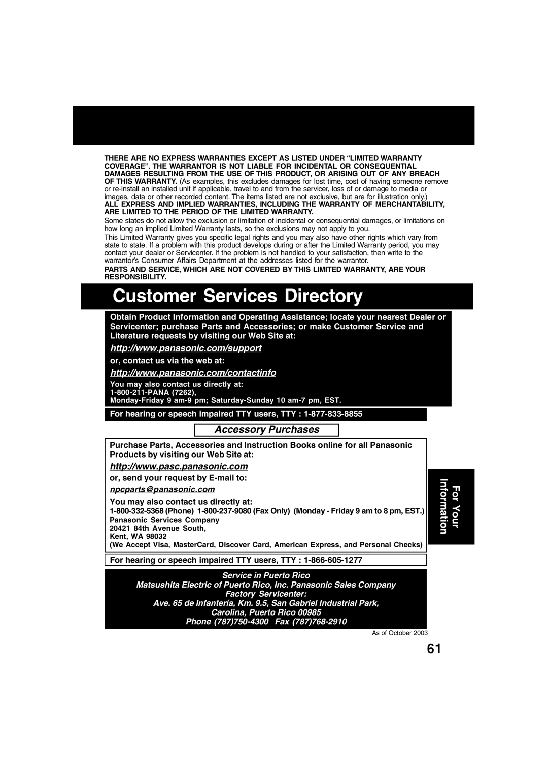 Panasonic PV-D4734S manual Customer Services Directory, For Your Information, Npcparts@panasonic.com 