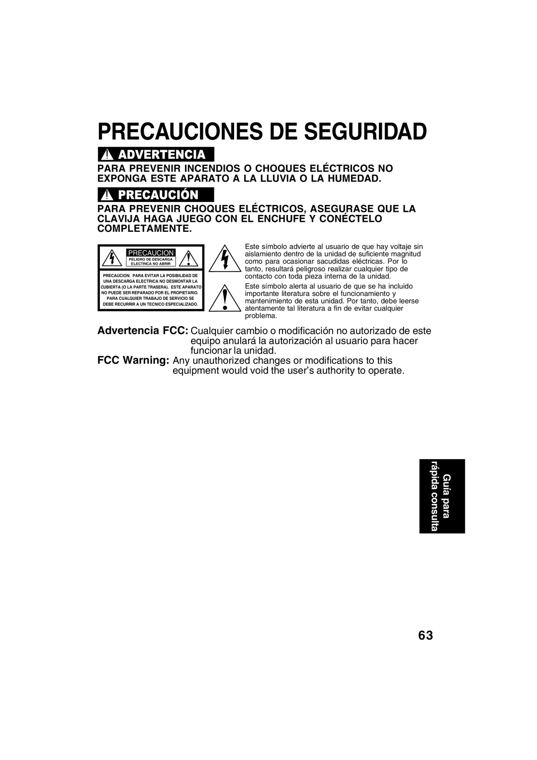 Panasonic PV-D4734S manual Precauciones DE Seguridad, Guía para rápida consulta 