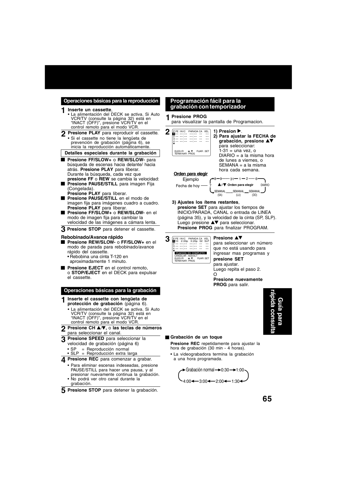 Panasonic PV-D4734S manual Programación fácil para la grabación con temporizador, Grabación normal 030 