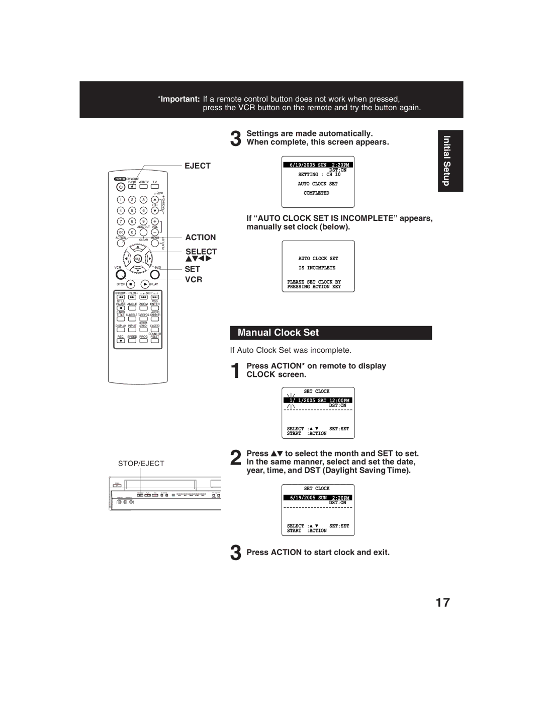 Panasonic PV-D4735S Manual Clock Set, Set Vcr, If Auto Clock Set was incomplete, Same manner, select and set the date 