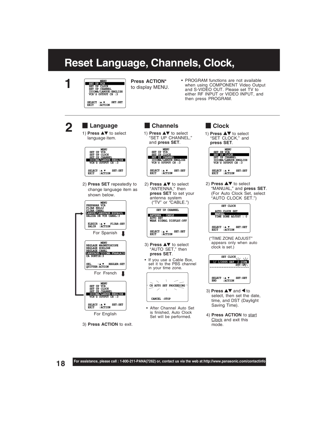 Panasonic PV-D4735S operating instructions Reset Language, Channels, Clock, To display Menu, Press Action to exit 