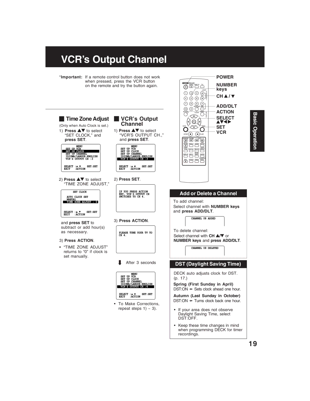 Panasonic PV-D4735S VCR’s Output Channel, Add or Delete a Channel, DST Daylight Saving Time, Basic Operation 