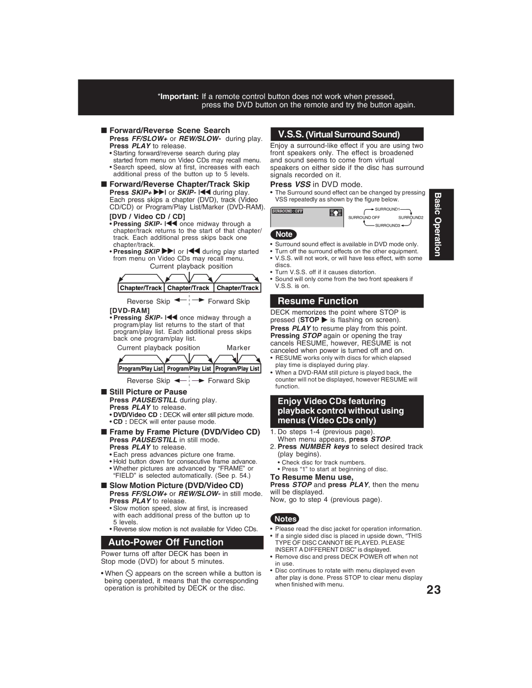 Panasonic PV-D4735S operating instructions Auto-Power Off Function, Resume Function, S. Virtual Surround Sound 