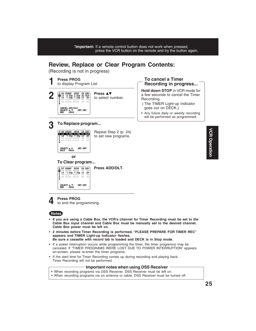 Panasonic PV-D4735S operating instructions Review, Replace or Clear Program Contents 