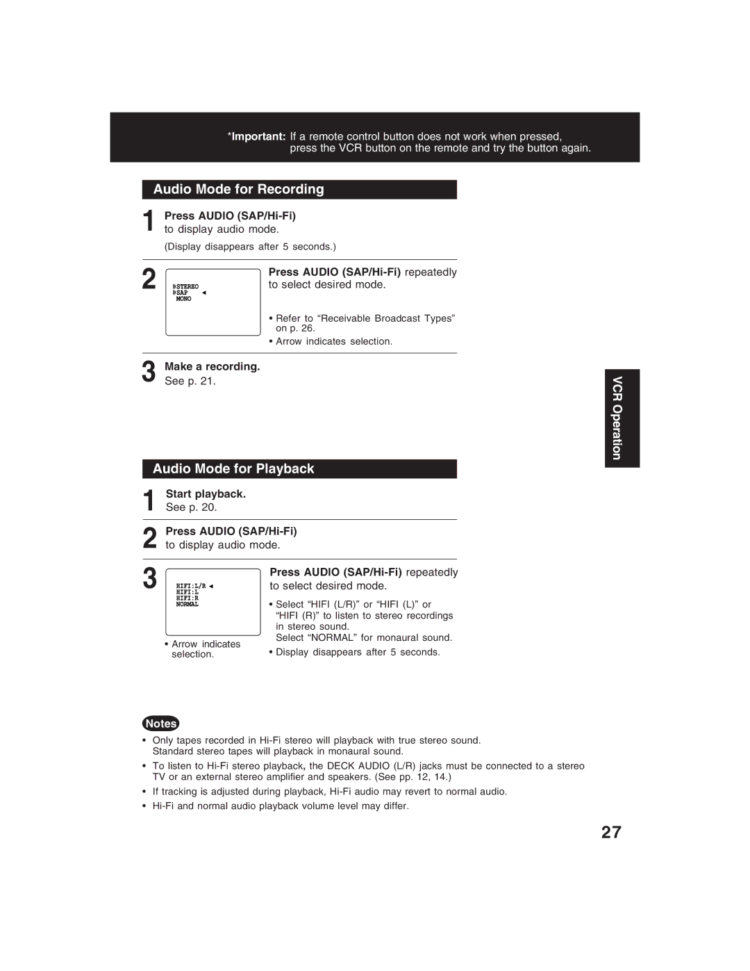 Panasonic PV-D4735S operating instructions Audio Mode for Recording, Audio Mode for Playback 