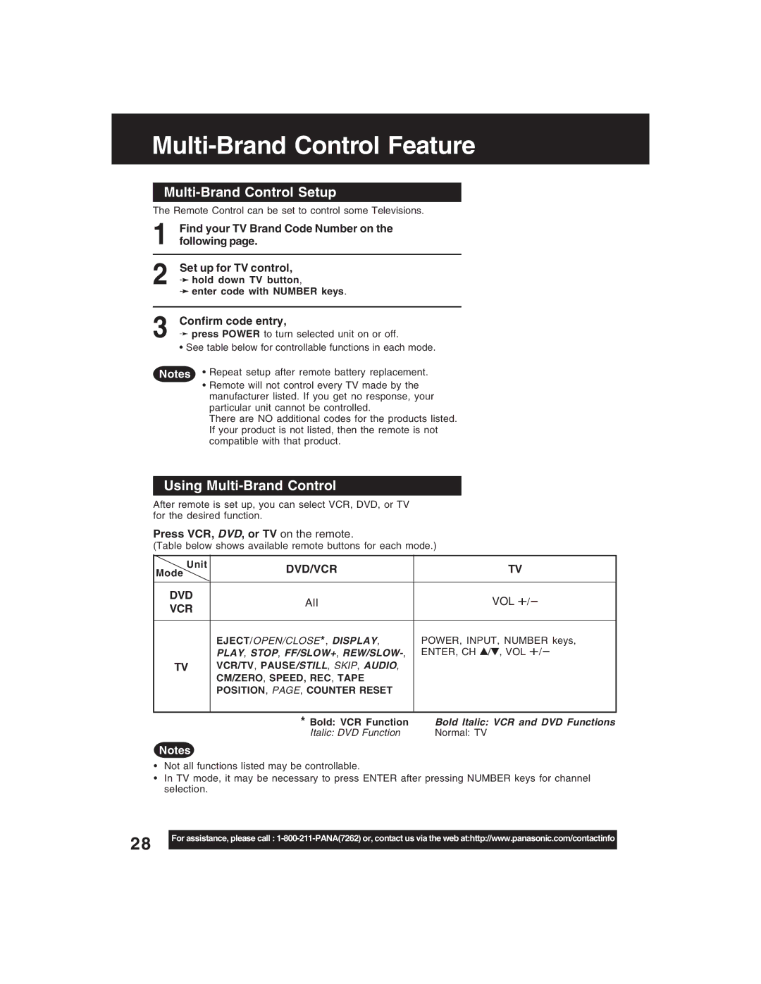 Panasonic PV-D4735S Multi-Brand Control Feature, Multi-Brand Control Setup, Using Multi-Brand Control, Confirm code entry 