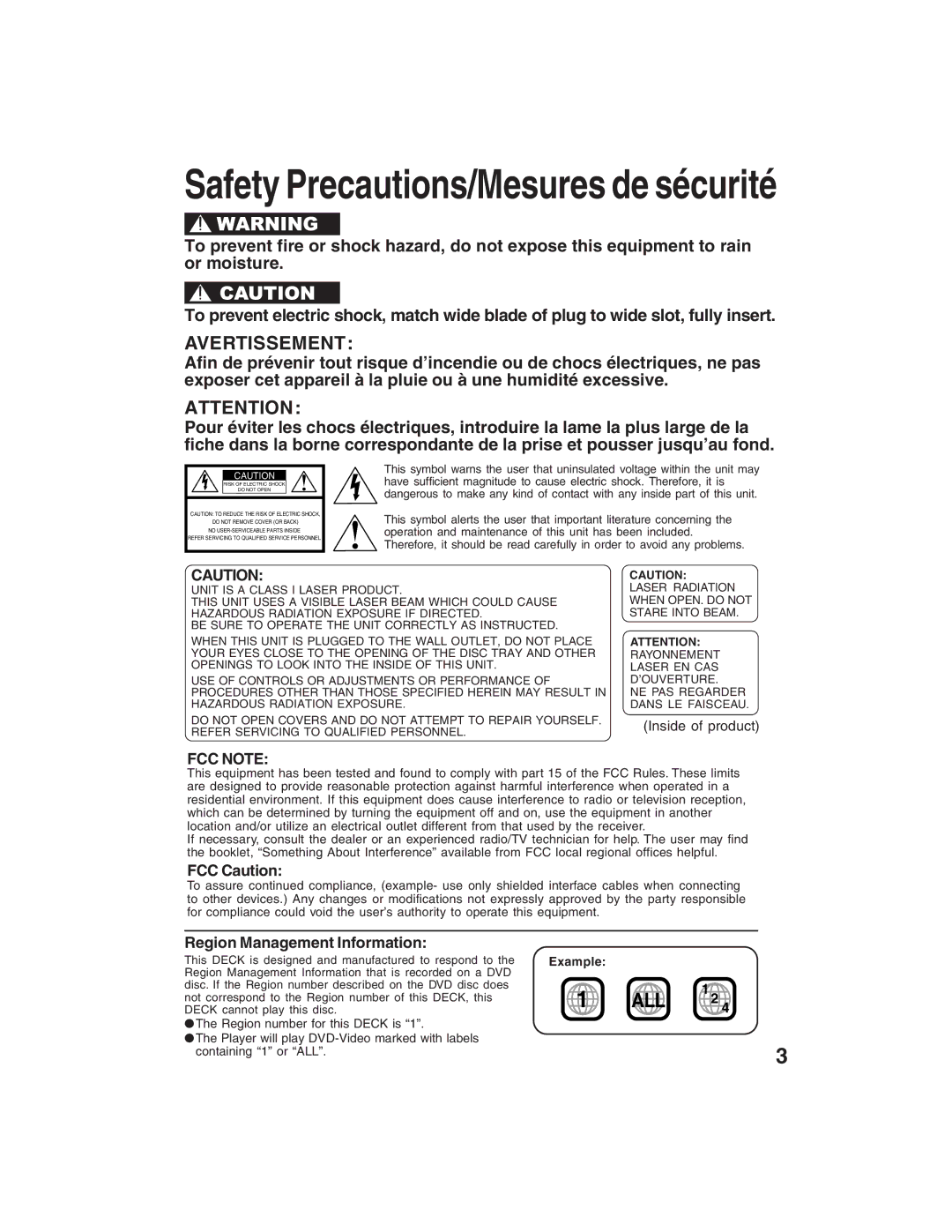 Panasonic PV-D4735S operating instructions FCC Caution, Region Management Information, Inside of product, Example 