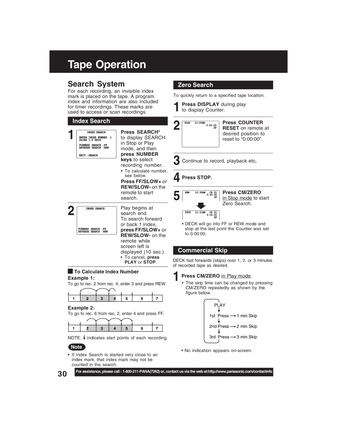 Panasonic PV-D4735S operating instructions Tape Operation, Index Search, Zero Search, Commercial Skip 