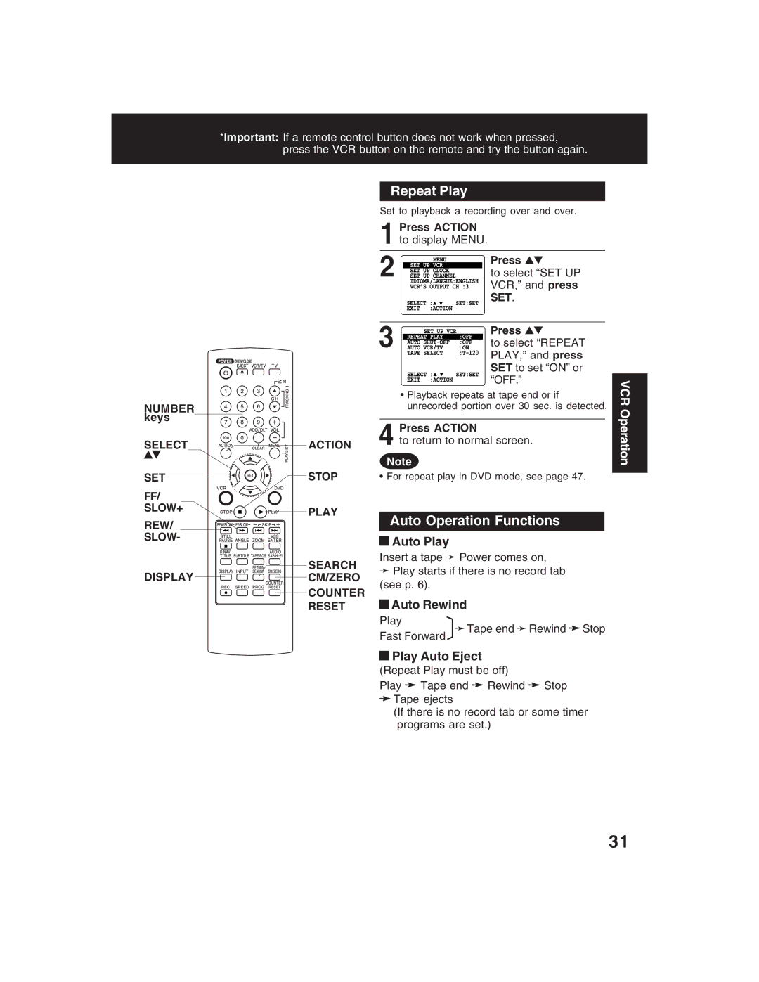 Panasonic PV-D4735S operating instructions Repeat Play, Auto Operation Functions, Auto Play, Auto Rewind, Play Auto Eject 