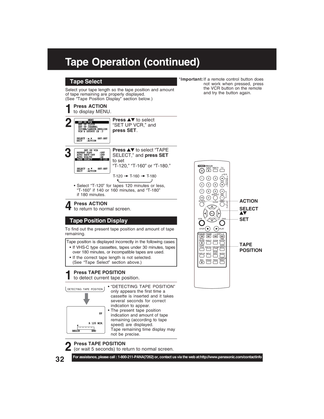 Panasonic PV-D4735S operating instructions Tape Select, Tape Position Display, Press SET, Action, Press Tape Position 