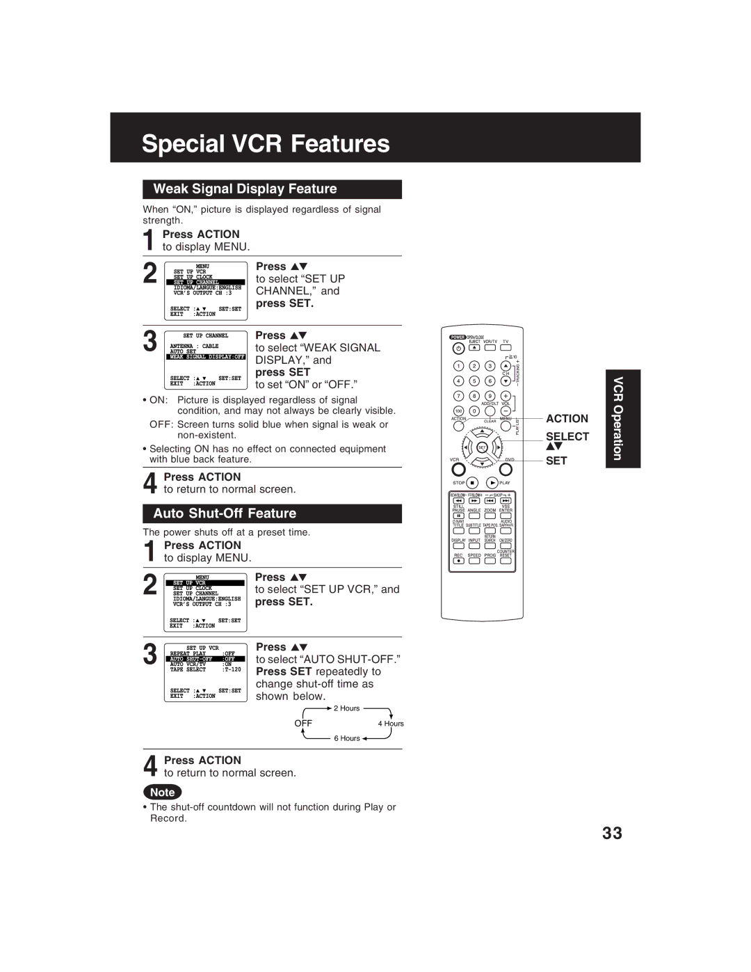 Panasonic PV-D4735S Special VCR Features, Weak Signal Display Feature, Auto Shut-Off Feature, Press Action to display Menu 