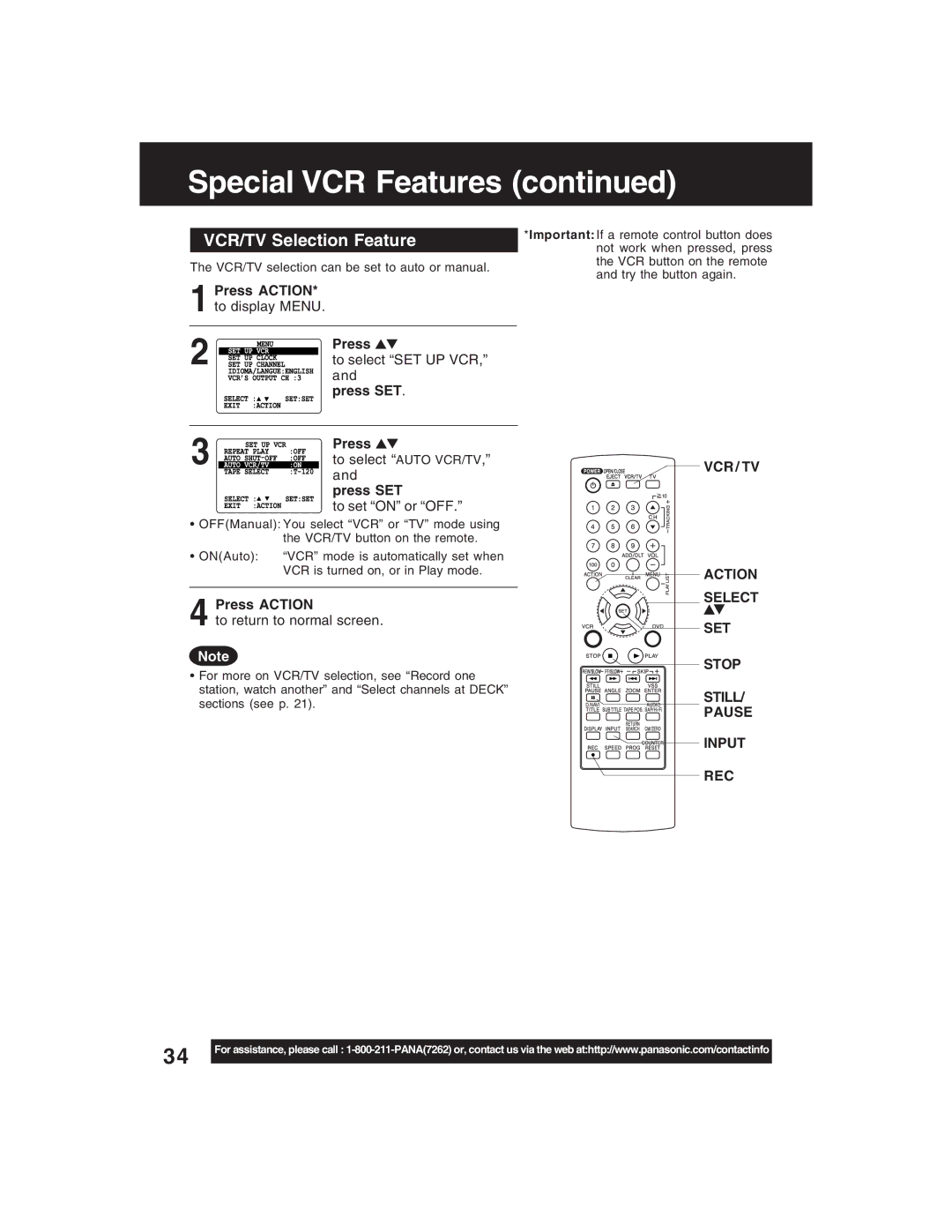 Panasonic PV-D4735S VCR/TV SelectionrFeature, To select SET UP VCR, To select Auto VCR/TV, VCR / TV Action 