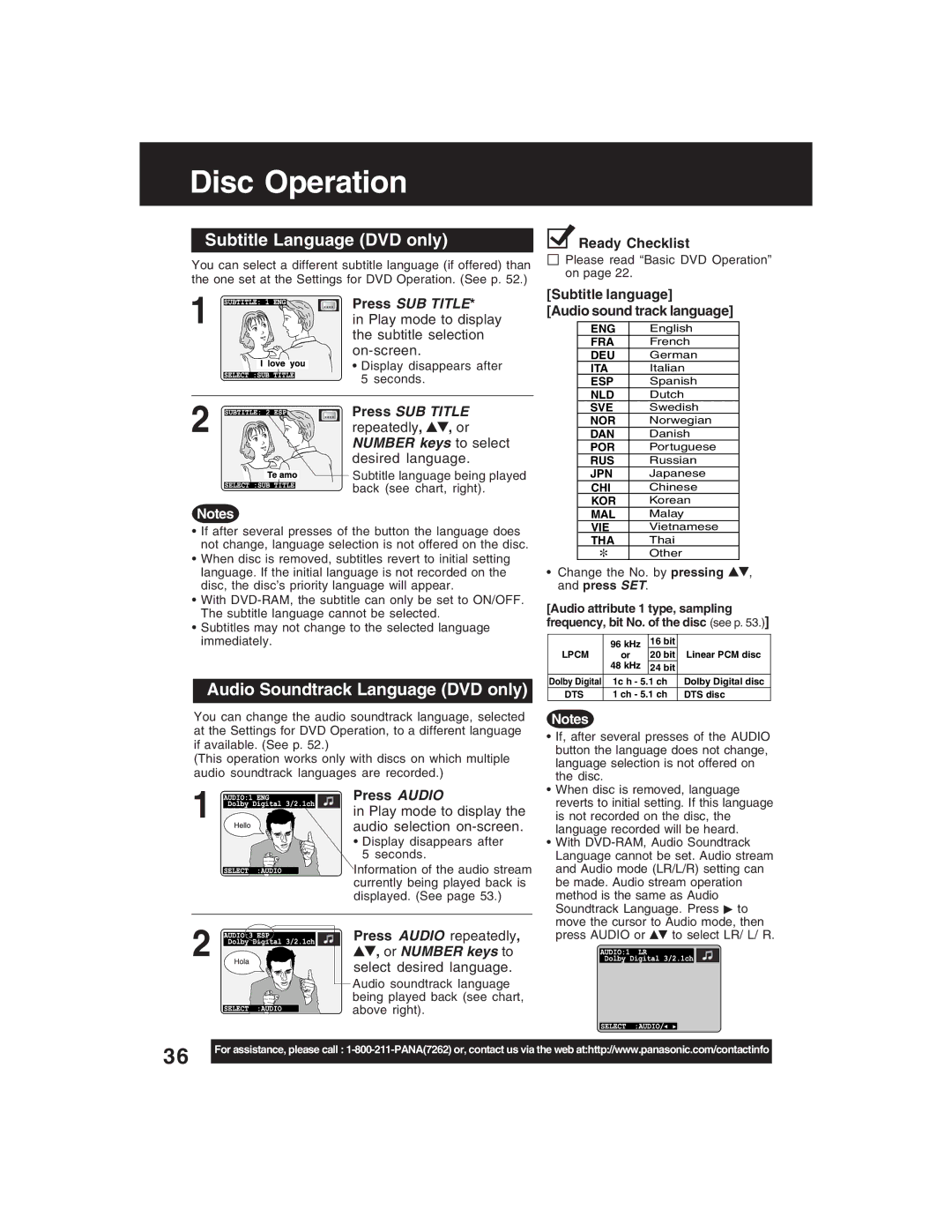 Panasonic PV-D4735S operating instructions Disc Operation, Subtitle Language DVD only, Audio Soundtrack Language DVD only 