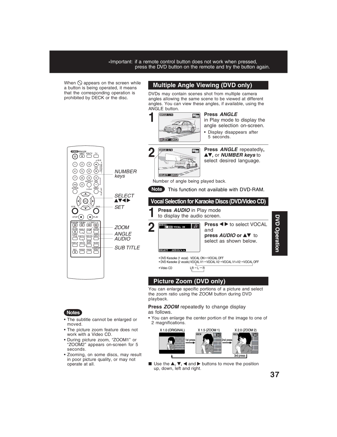 Panasonic PV-D4735S Multiple Angle Viewing DVD only, Picture Zoom DVD only, DVD Operation, Press Angle 