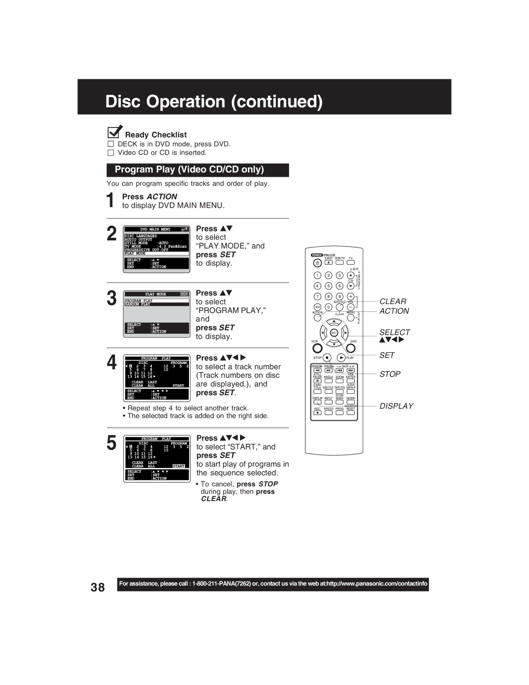 Panasonic PV-D4735S operating instructions Program Play Video CD/CD only 