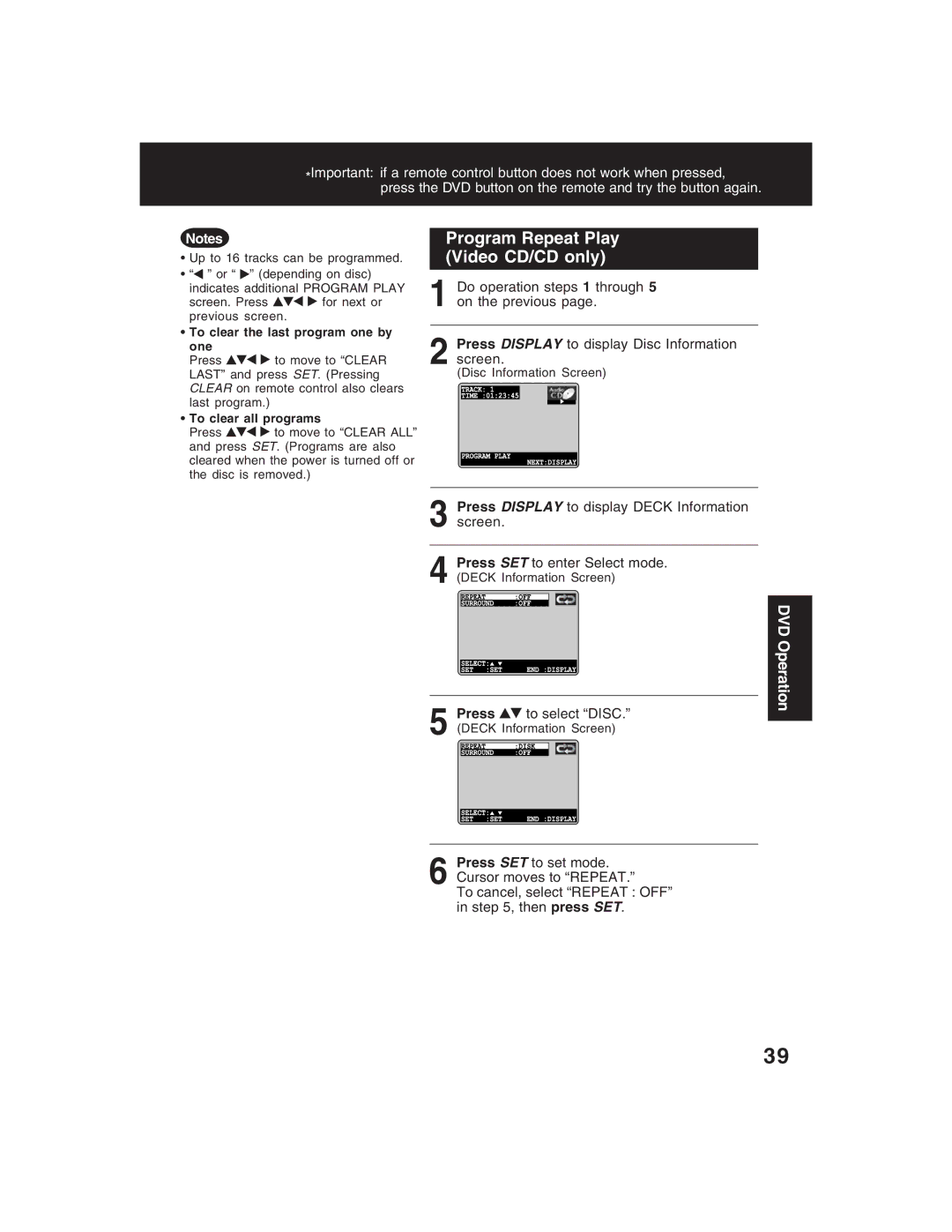 Panasonic PV-D4735S Program Repeat Play Video CD/CD only, Press to select Disc, To clear the last program one by One 