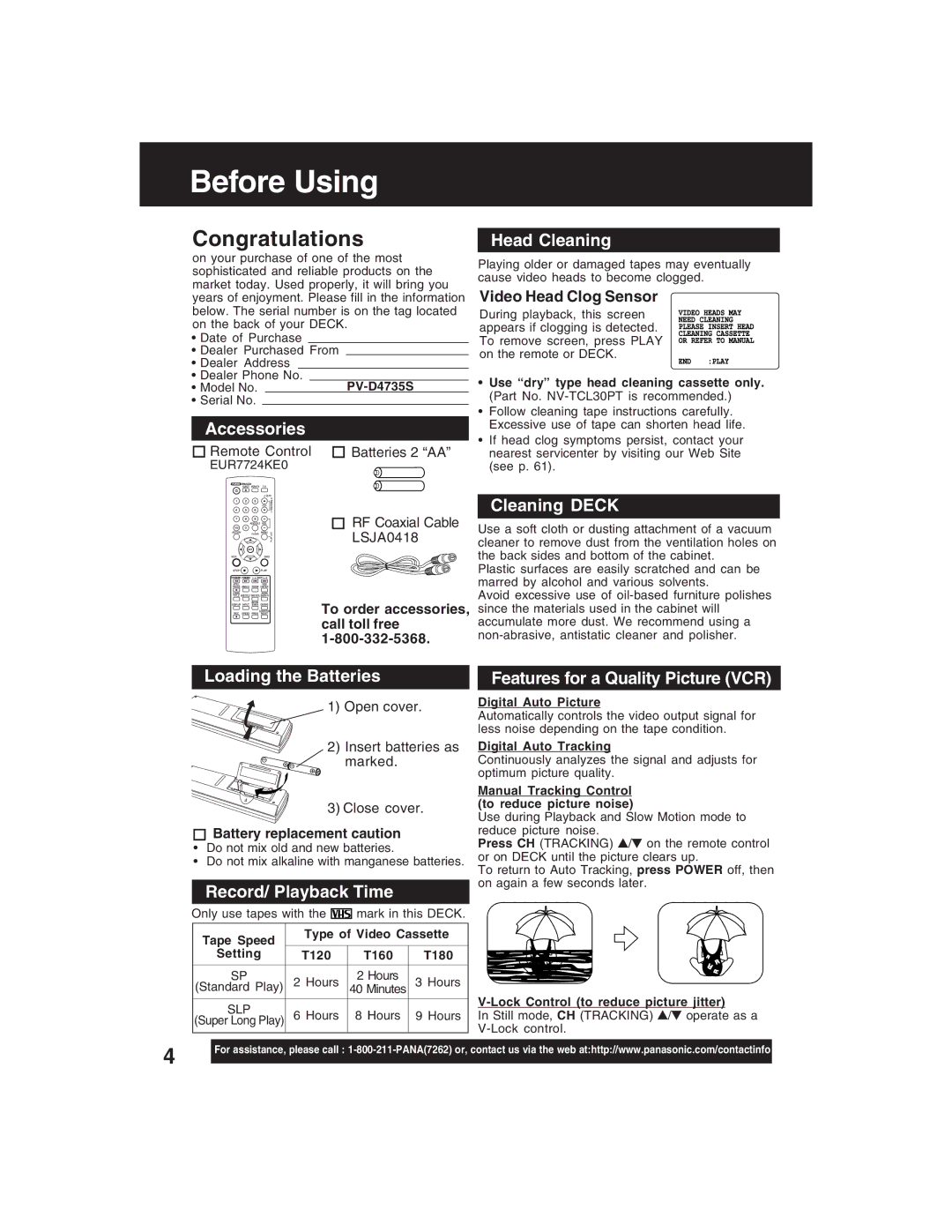 Panasonic PV-D4735S operating instructions Before Using 