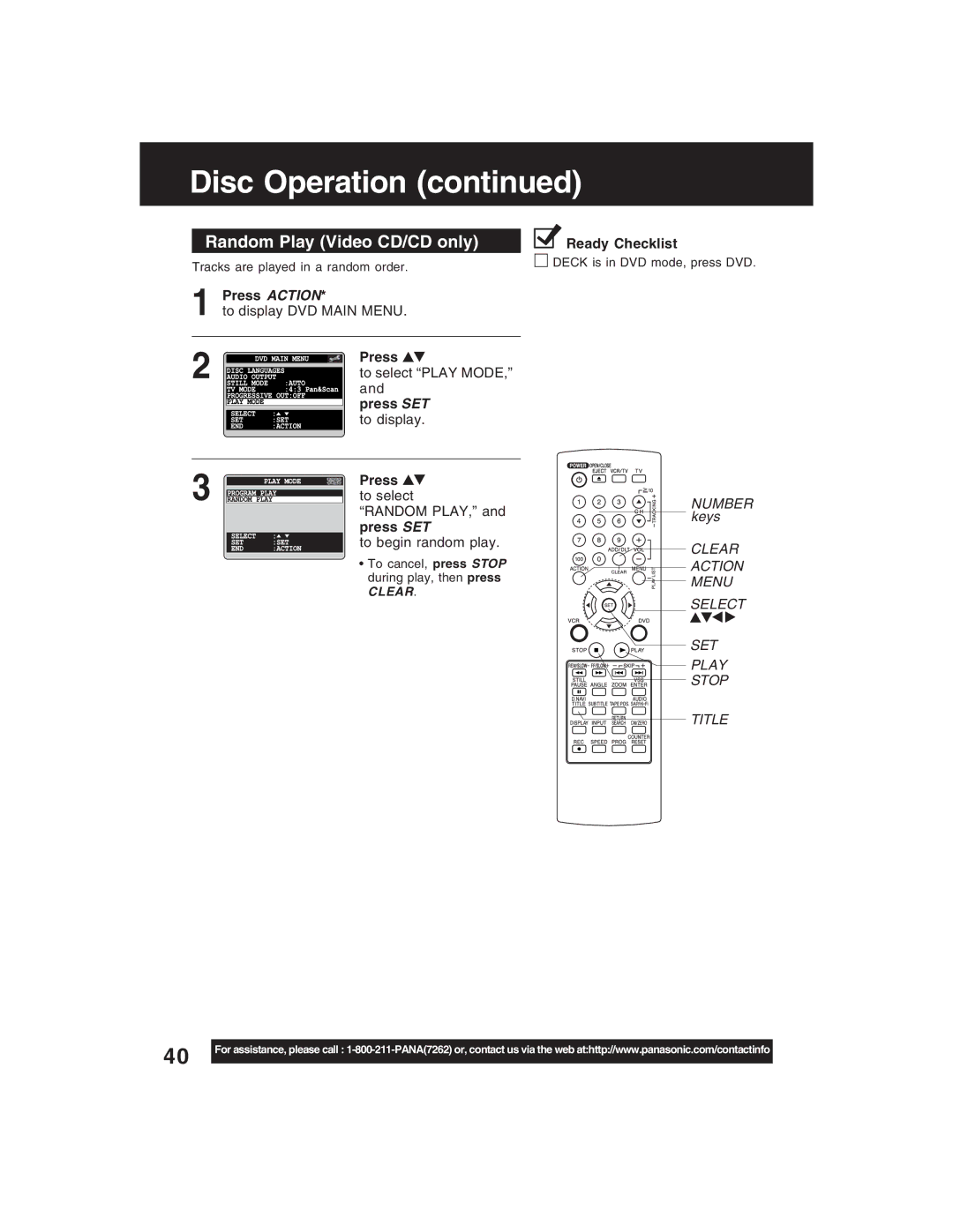 Panasonic PV-D4735S operating instructions Random Play Video CD/CD only, To select Play Mode, To display 