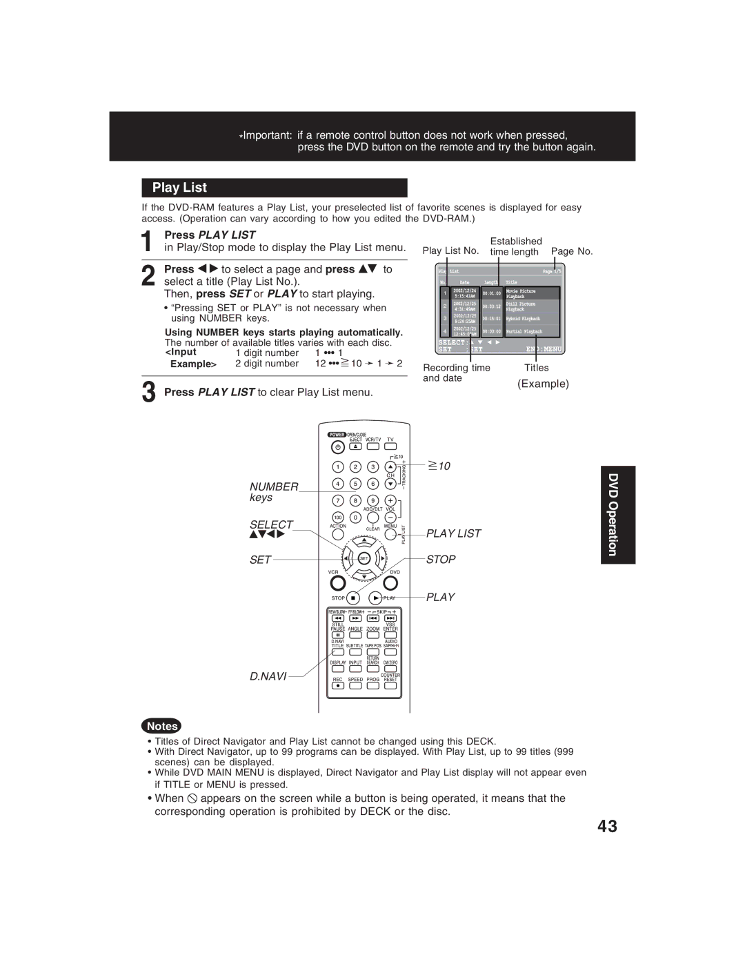 Panasonic PV-D4735S Play/Stop mode to display the Play List menu, Press Play List to clear Play List menu Example 