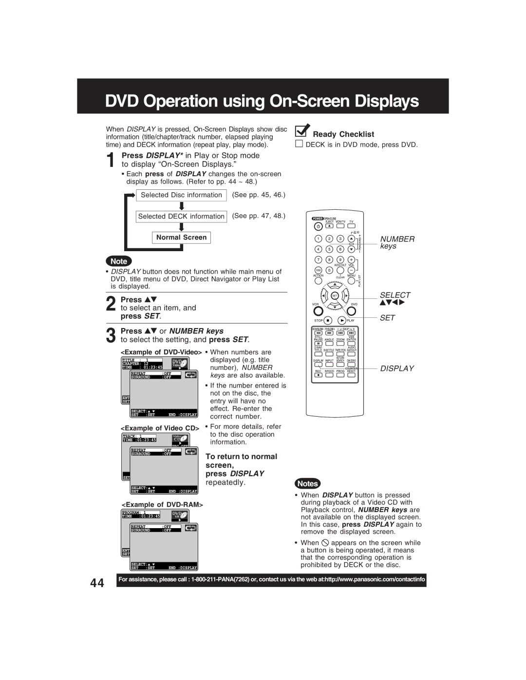 Panasonic PV-D4735S DVD Operation using On-Screen Displays, To select an item, and press SET, To return to normal screen 