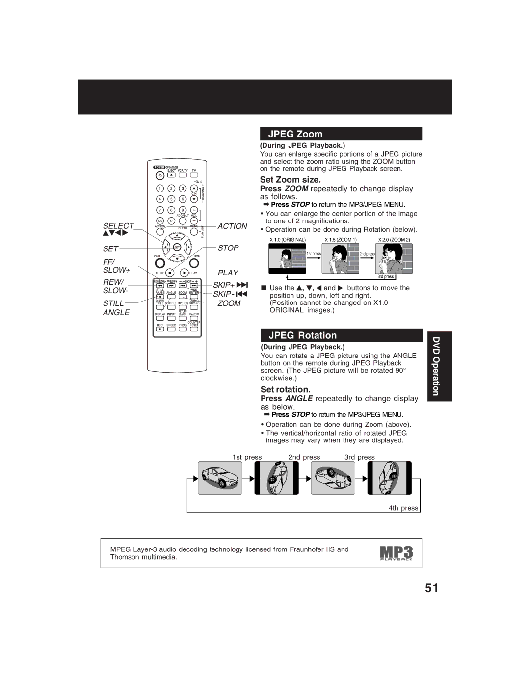 Panasonic PV-D4735S operating instructions Jpeg Zoom, Jpeg Rotation, Set Zoom size, Set rotation 