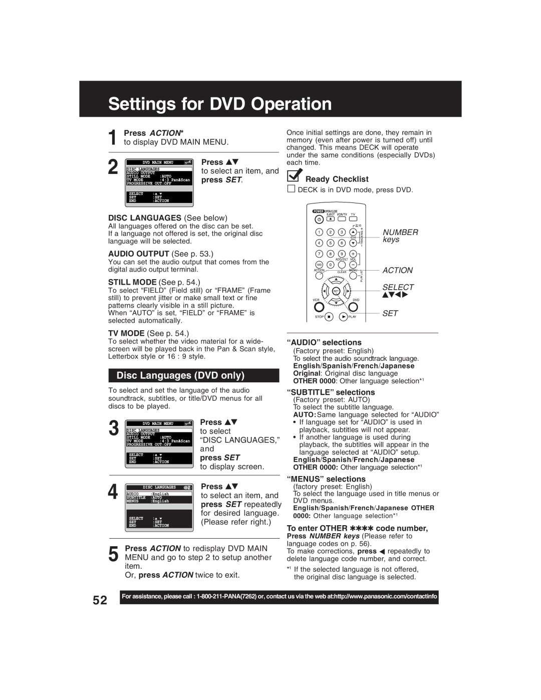 Panasonic PV-D4735S operating instructions Settings for DVD Operation, Disc Languages DVD only 