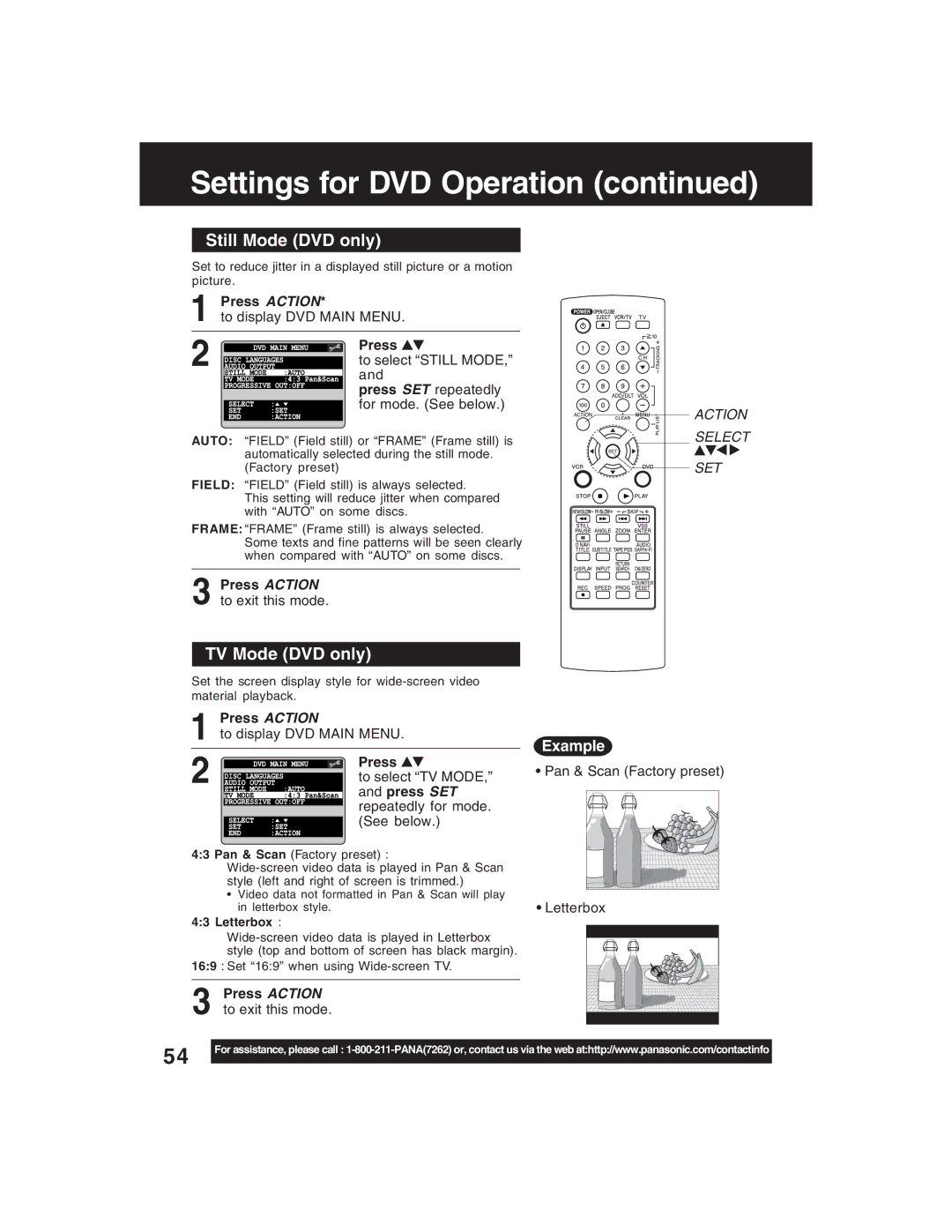 Panasonic PV-D4735S operating instructions Still Mode DVD only, TV Mode DVD only, Example 