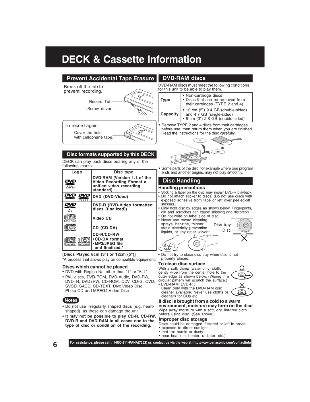 Panasonic PV-D4735S Deck & Cassette Information, Prevent Accidental Tape Erasure DVD-RAM discs, Disc Handling 