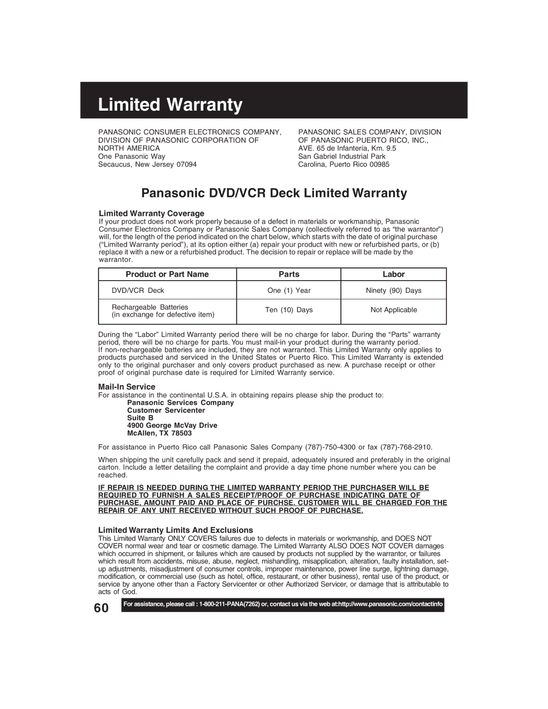 Panasonic PV-D4735S operating instructions Limited Warranty Coverage, Product or Part Name Parts Labor, Mail-In Service 