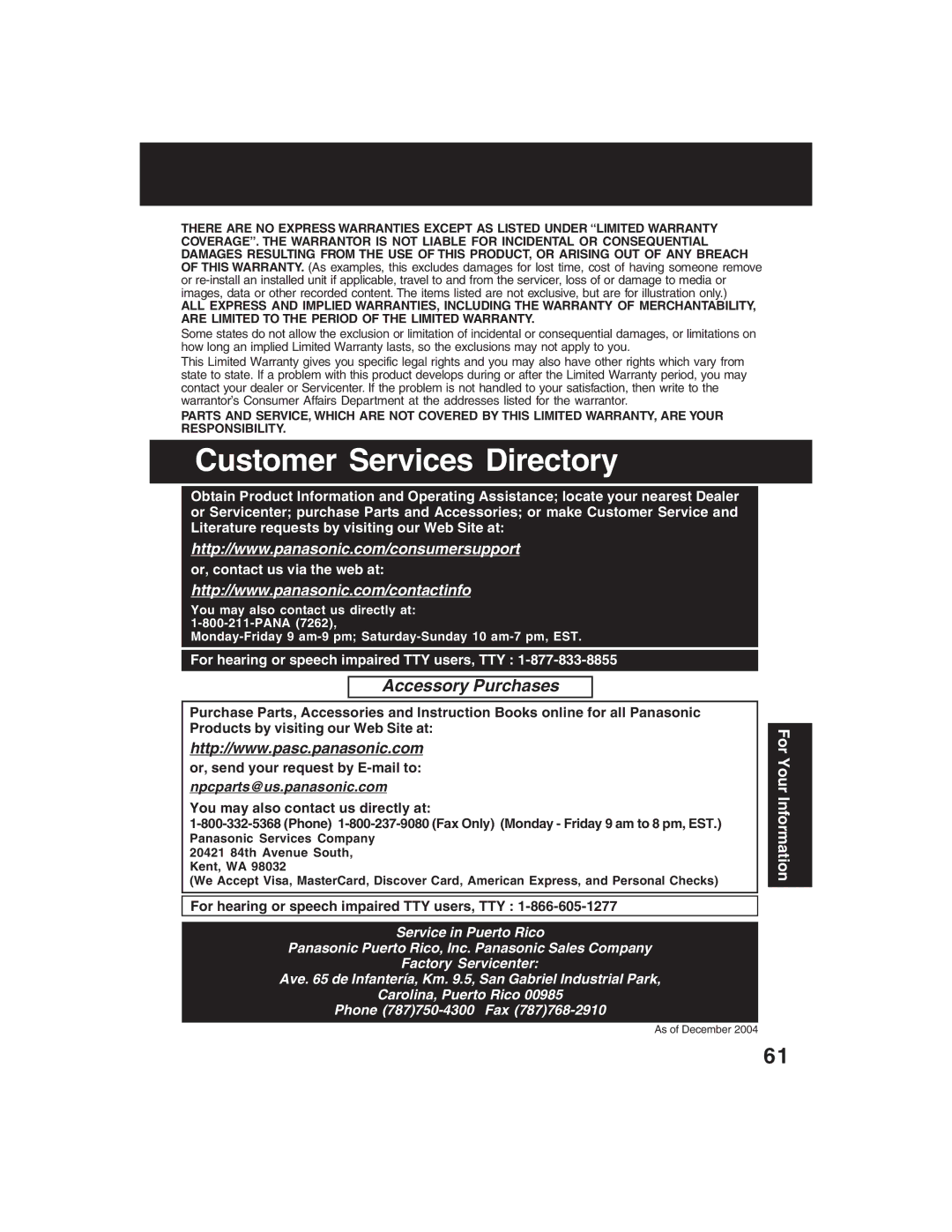 Panasonic PV-D4735S Customer Services Directory, For Your Information, You may also contact us directly at 